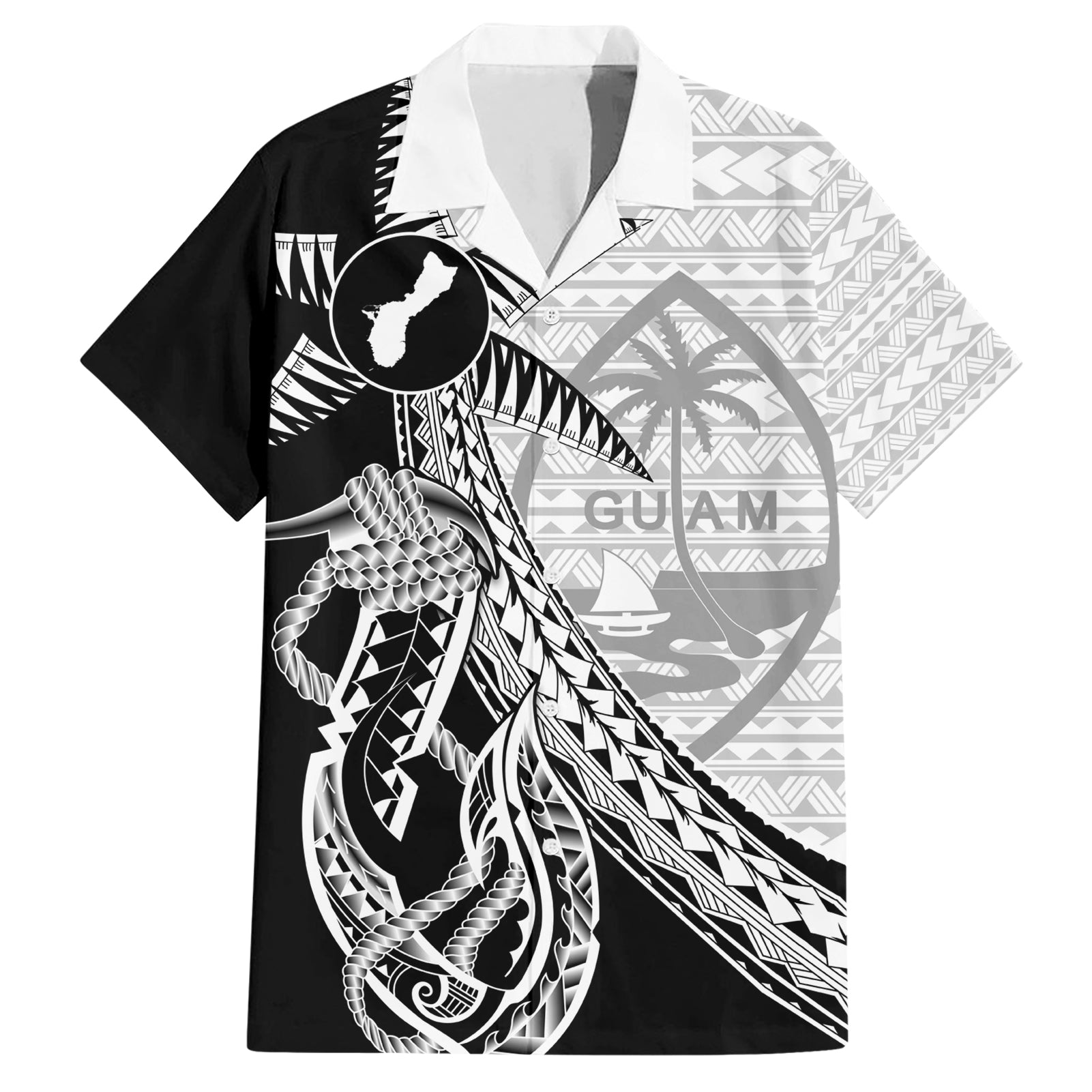 Guam Fish Hook and Palm Tree Hawaiian Shirt Polynesian Pattern Half Style