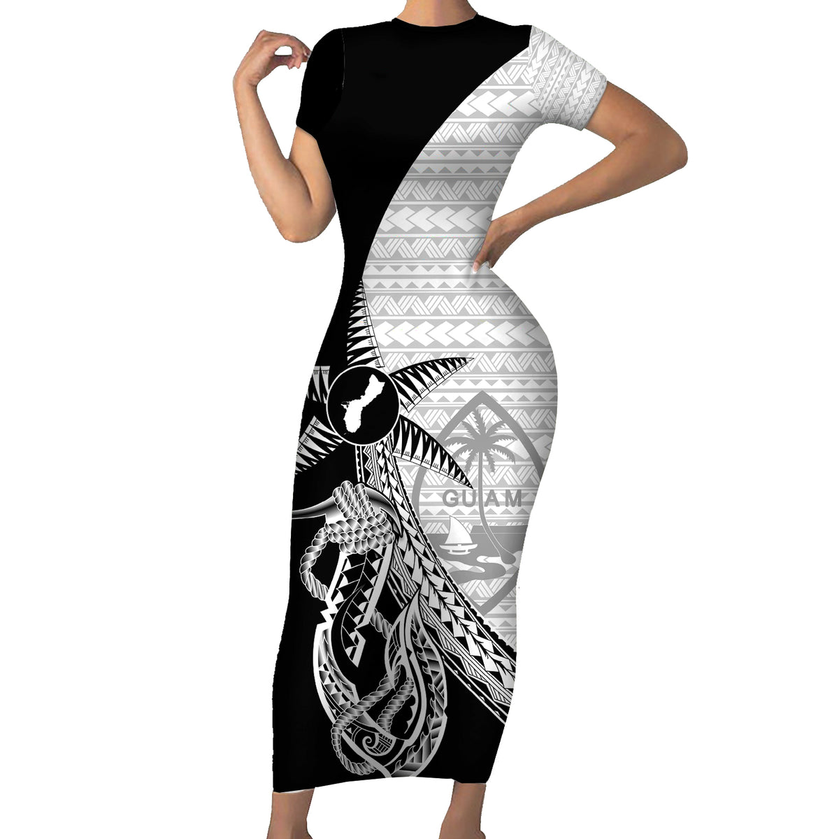 Guam Fish Hook and Palm Tree Short Sleeve Bodycon Dress Polynesian Pattern Half Style