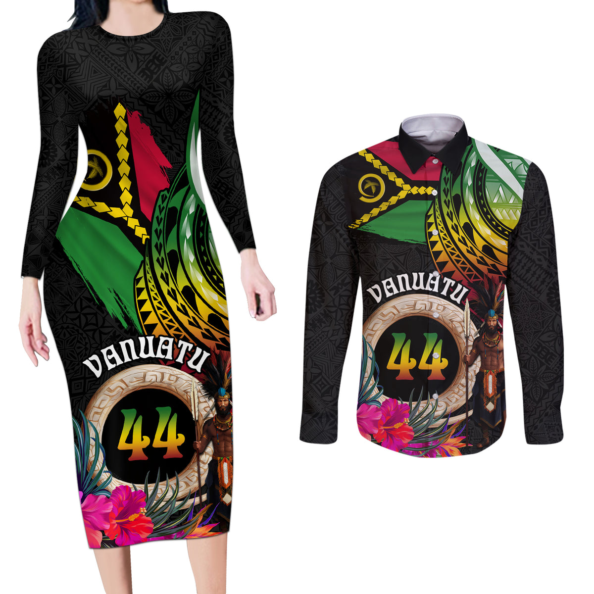 Personalised Vanuatu 44th Anniversary Couples Matching Long Sleeve Bodycon Dress and Long Sleeve Button Shirt Boars Tusk and Melanesian Warrior Indipendens Dei LT03 Black - Polynesian Pride