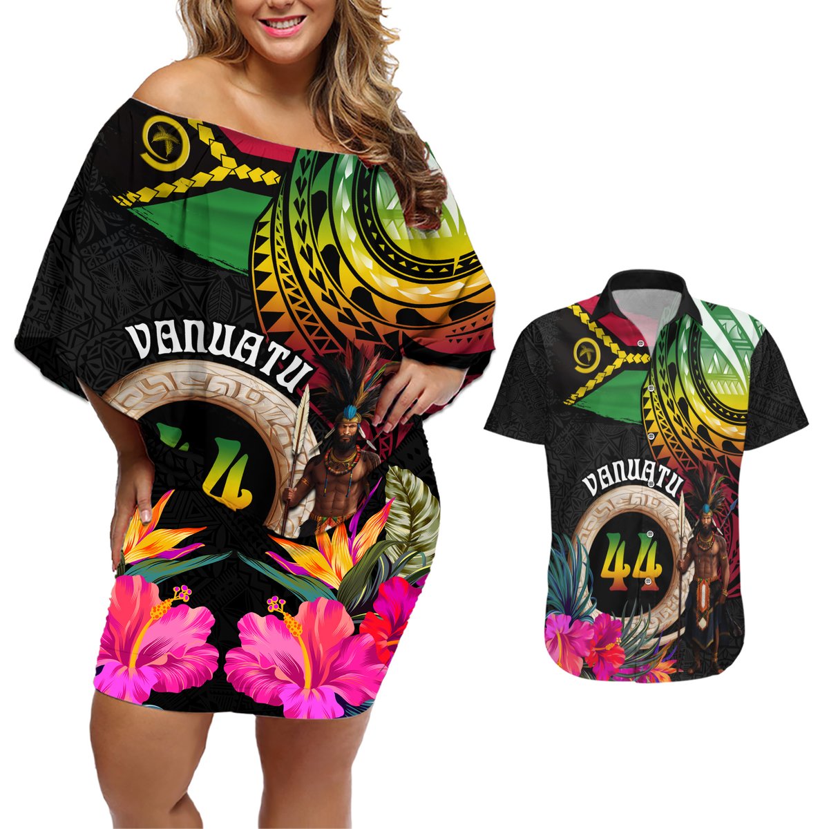Personalised Vanuatu 44th Anniversary Couples Matching Off Shoulder Short Dress and Hawaiian Shirt Boars Tusk and Melanesian Warrior Indipendens Dei LT03 Black - Polynesian Pride