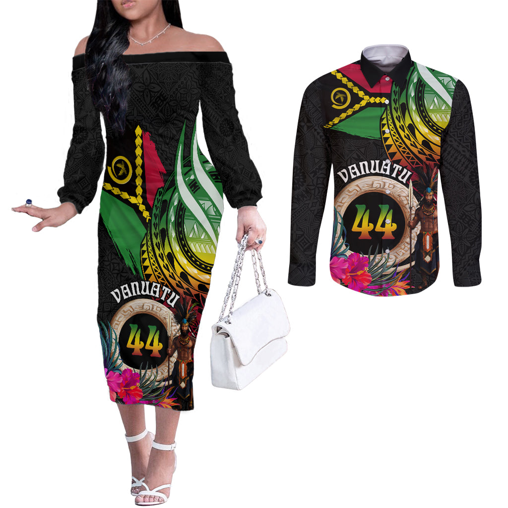 Personalised Vanuatu 44th Anniversary Couples Matching Off The Shoulder Long Sleeve Dress and Long Sleeve Button Shirt Boars Tusk and Melanesian Warrior Indipendens Dei LT03 Black - Polynesian Pride