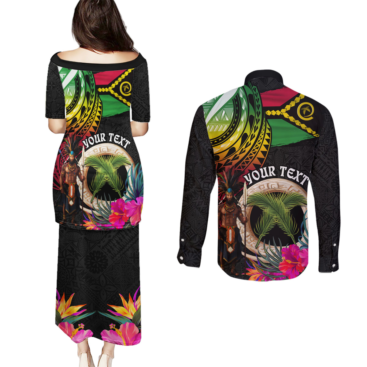 Personalised Vanuatu 44th Anniversary Couples Matching Puletasi and Long Sleeve Button Shirt Boars Tusk and Melanesian Warrior Indipendens Dei