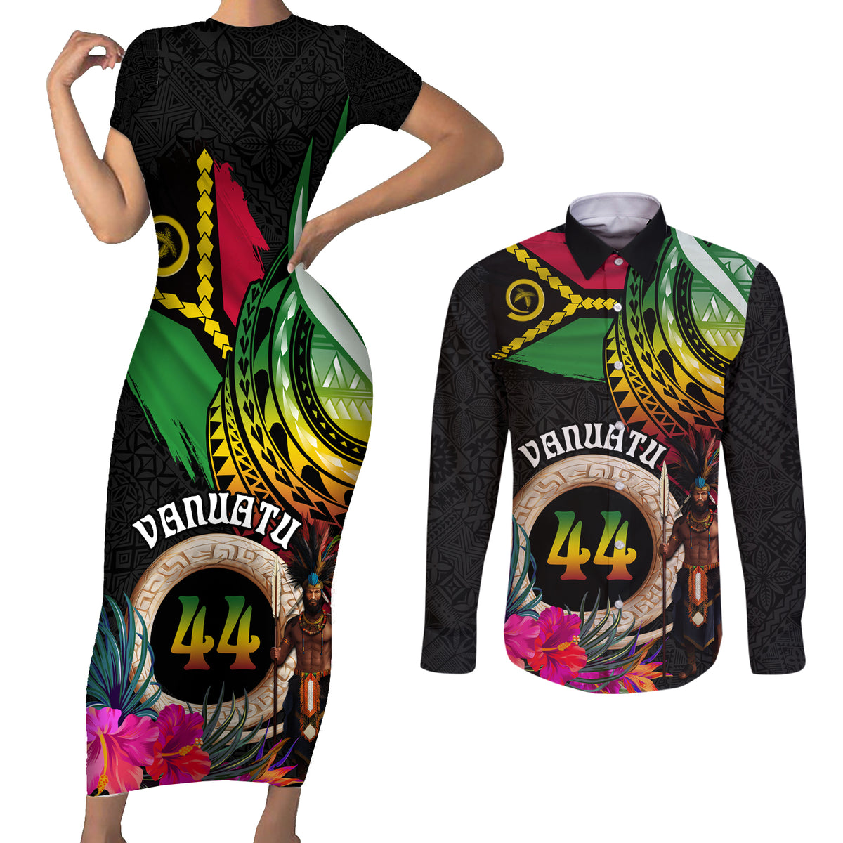 Personalised Vanuatu 44th Anniversary Couples Matching Short Sleeve Bodycon Dress and Long Sleeve Button Shirt Boars Tusk and Melanesian Warrior Indipendens Dei LT03 Black - Polynesian Pride