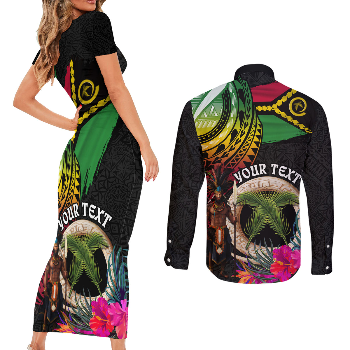 Personalised Vanuatu 44th Anniversary Couples Matching Short Sleeve Bodycon Dress and Long Sleeve Button Shirt Boars Tusk and Melanesian Warrior Indipendens Dei LT03 - Polynesian Pride