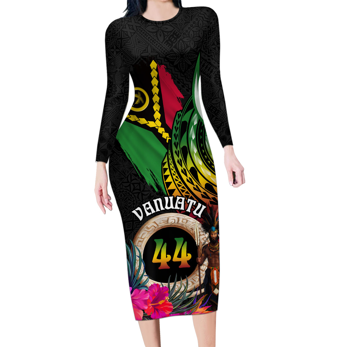 Personalised Vanuatu 44th Anniversary Family Matching Long Sleeve Bodycon Dress and Hawaiian Shirt Boars Tusk and Melanesian Warrior Indipendens Dei