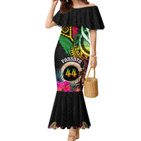 Personalised Vanuatu 44th Anniversary Family Matching Mermaid Dress and Hawaiian Shirt Boars Tusk and Melanesian Warrior Indipendens Dei