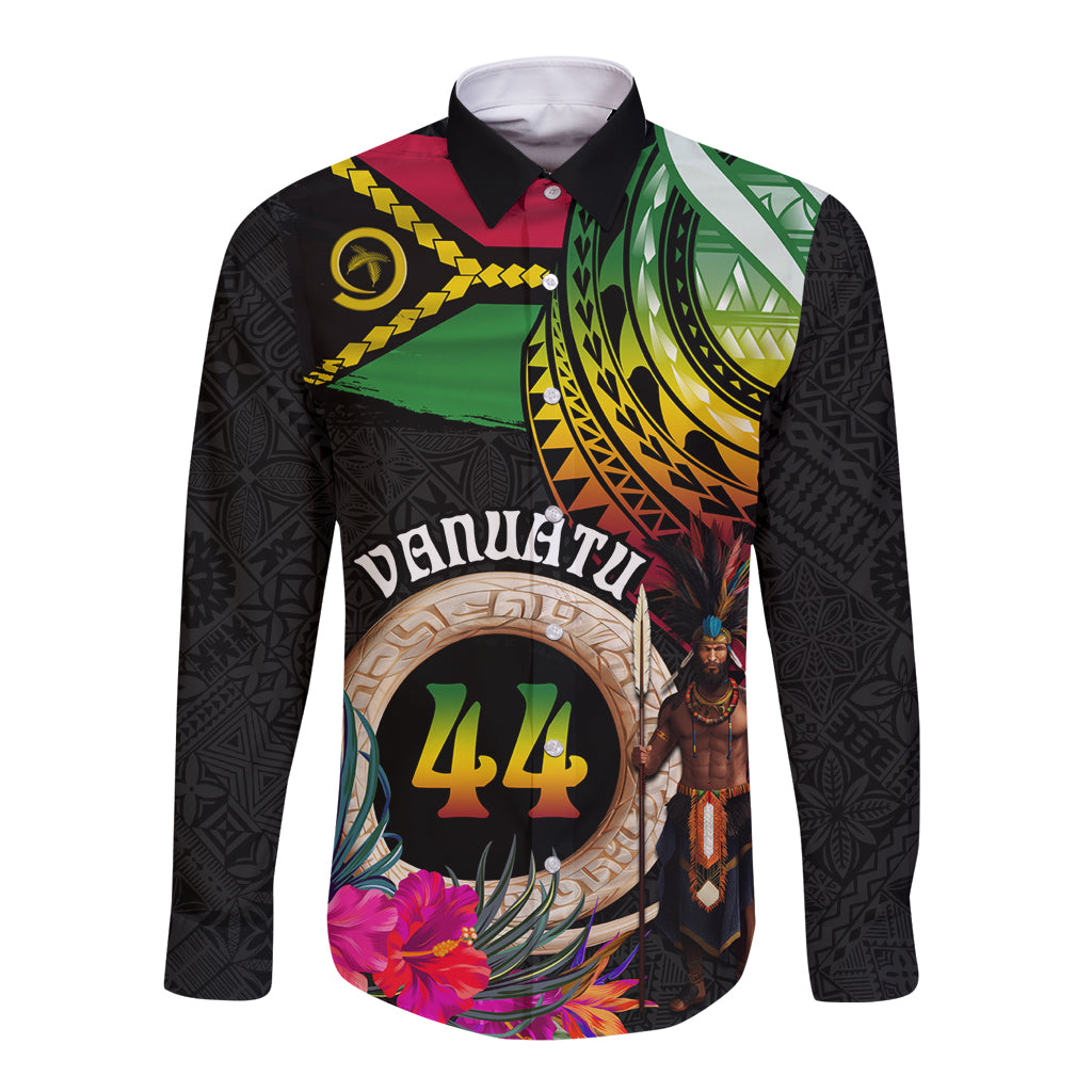 Personalised Vanuatu 44th Anniversary Long Sleeve Button Shirt Boars Tusk and Melanesian Warrior Indipendens Dei