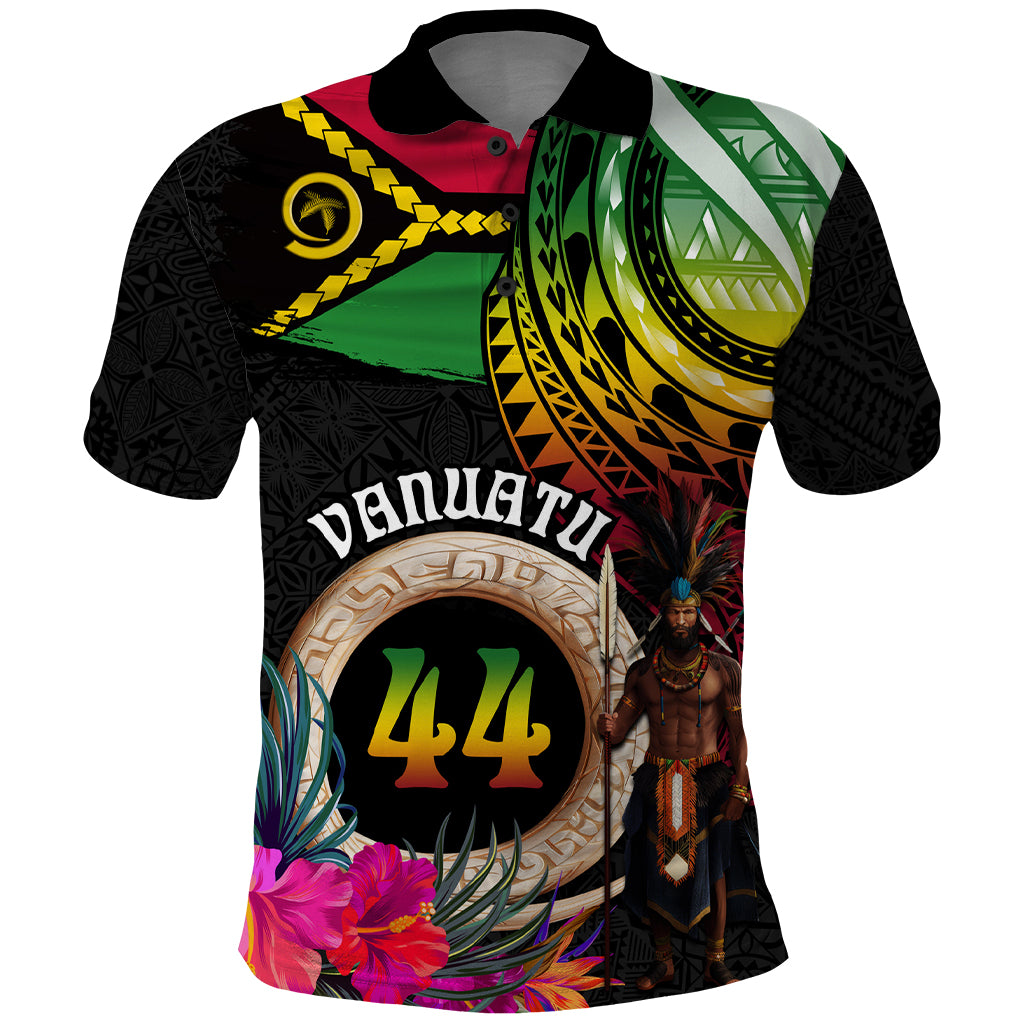 Personalised Vanuatu 44th Anniversary Polo Shirt Boars Tusk and Melanesian Warrior Indipendens Dei LT03 Black - Polynesian Pride