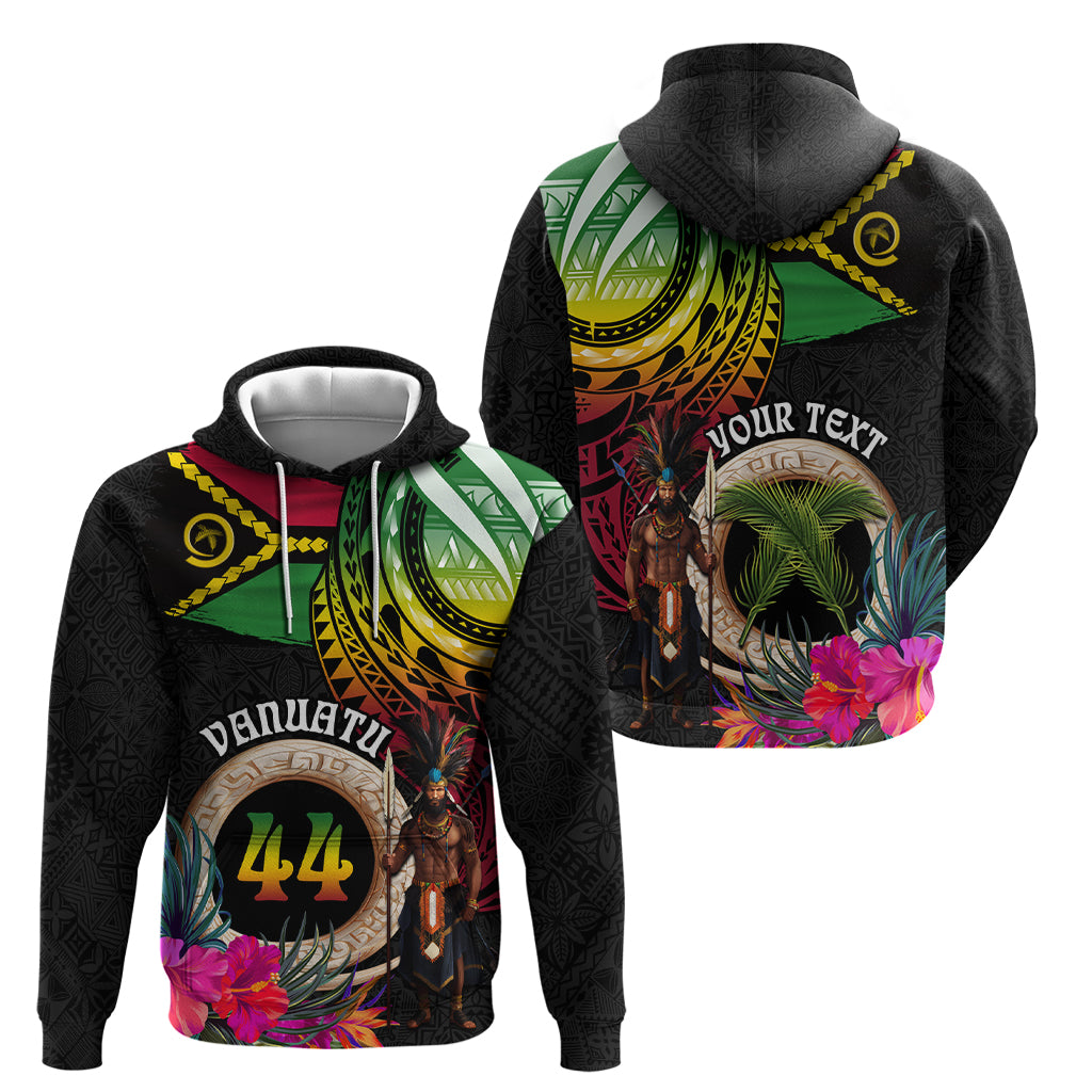 Personalised Vanuatu 44th Anniversary Zip Hoodie Boars Tusk and Melanesian Warrior Indipendens Dei