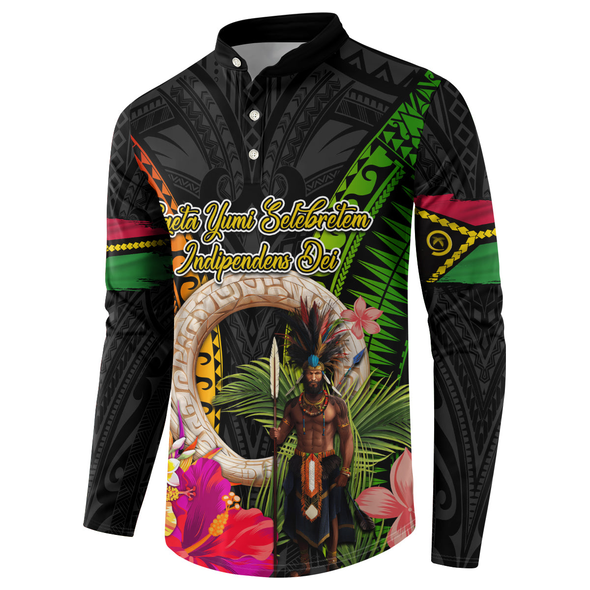 Vanuatu Independence Day Button Sweatshirt Boars Tusk and Melanesian Warrior Indipendens Dei