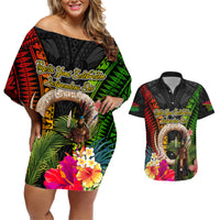 Vanuatu Independence Day Couples Matching Off Shoulder Short Dress and Hawaiian Shirt Boars Tusk and Melanesian Warrior Indipendens Dei