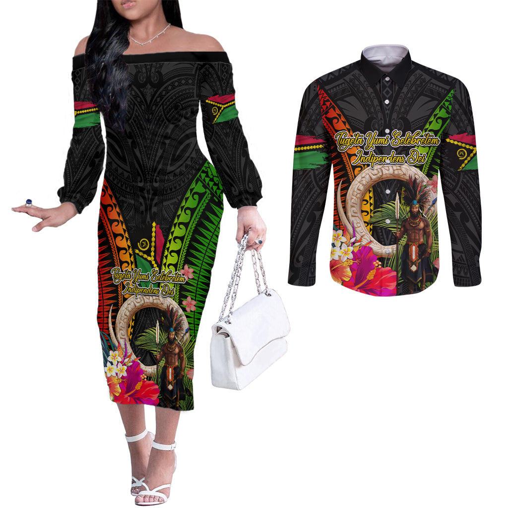 Vanuatu Independence Day Couples Matching Off The Shoulder Long Sleeve Dress and Long Sleeve Button Shirt Boars Tusk and Melanesian Warrior Indipendens Dei LT03 Black - Polynesian Pride