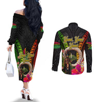 Vanuatu Independence Day Couples Matching Off The Shoulder Long Sleeve Dress and Long Sleeve Button Shirt Boars Tusk and Melanesian Warrior Indipendens Dei LT03 - Polynesian Pride