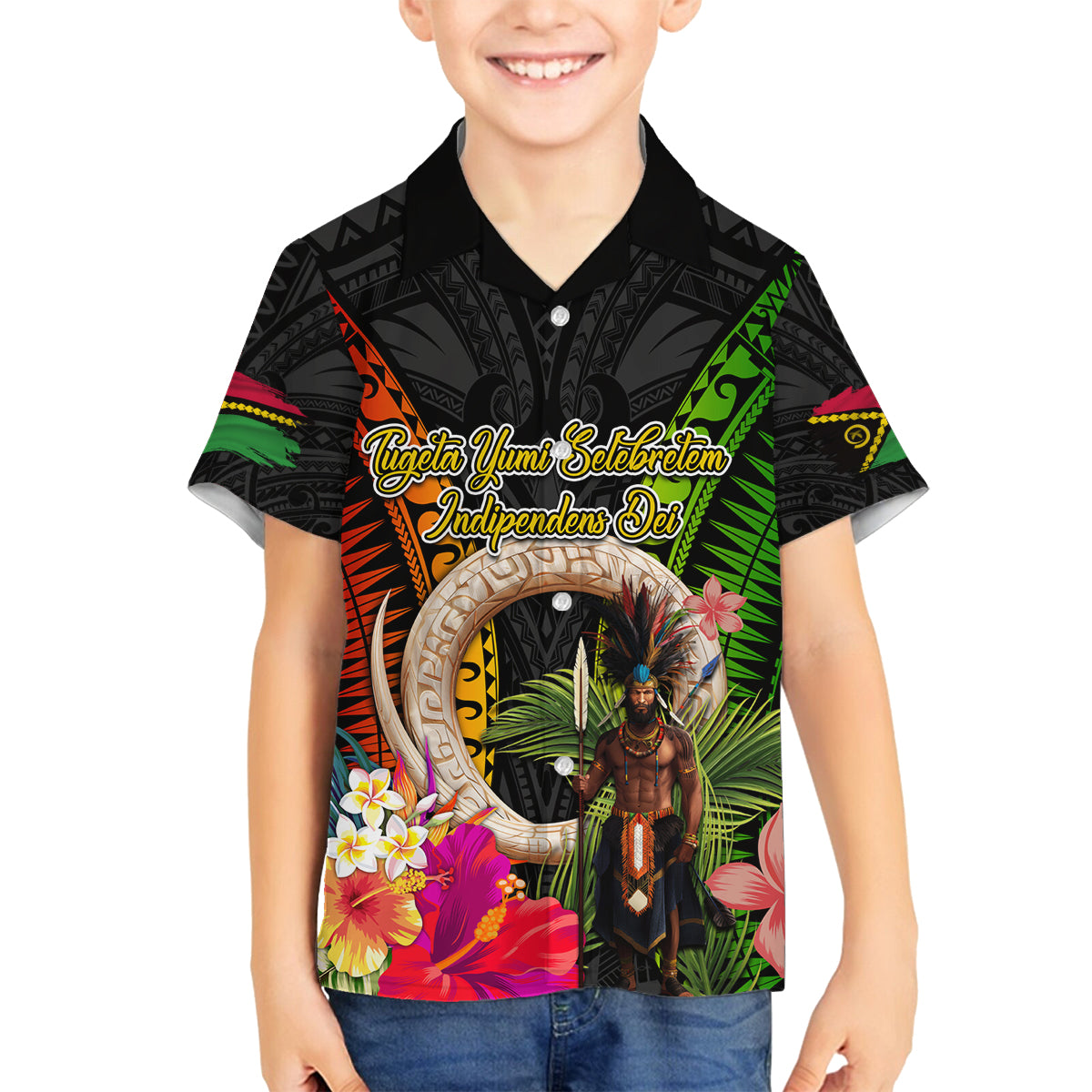Vanuatu Independence Day Family Matching Off The Shoulder Long Sleeve Dress and Hawaiian Shirt Boars Tusk and Melanesian Warrior Indipendens Dei
