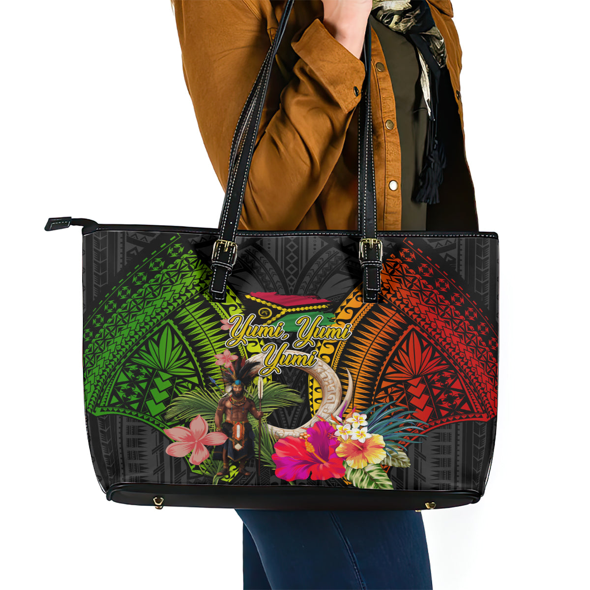 Vanuatu Independence Day Leather Tote Bag Boars Tusk and Melanesian Warrior Indipendens Dei