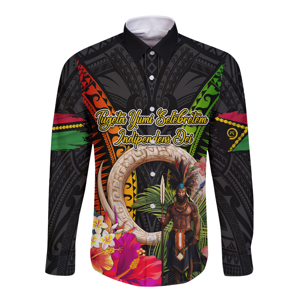 Vanuatu Independence Day Long Sleeve Button Shirt Boars Tusk and Melanesian Warrior Indipendens Dei