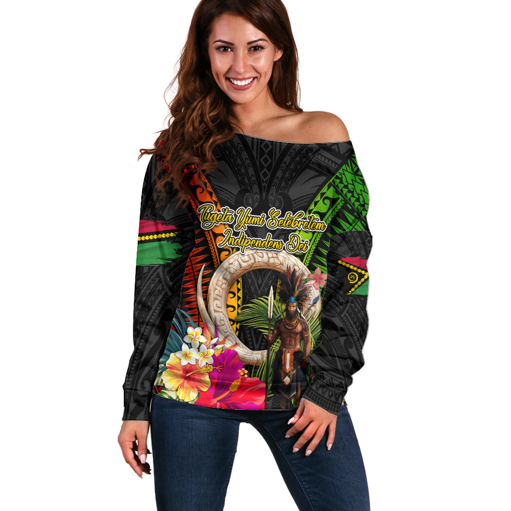 Vanuatu Independence Day Off Shoulder Sweater Boars Tusk and Melanesian Warrior Indipendens Dei