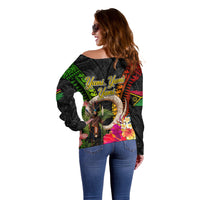 Vanuatu Independence Day Off Shoulder Sweater Boars Tusk and Melanesian Warrior Indipendens Dei