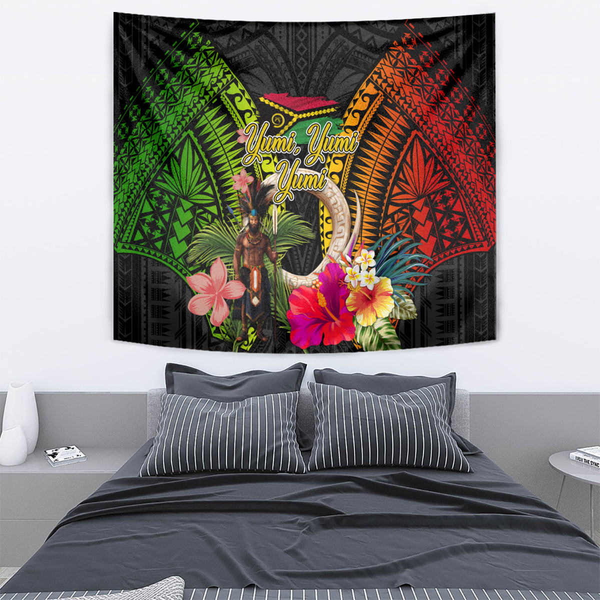 Vanuatu Independence Day Tapestry Boars Tusk and Melanesian Warrior Indipendens Dei