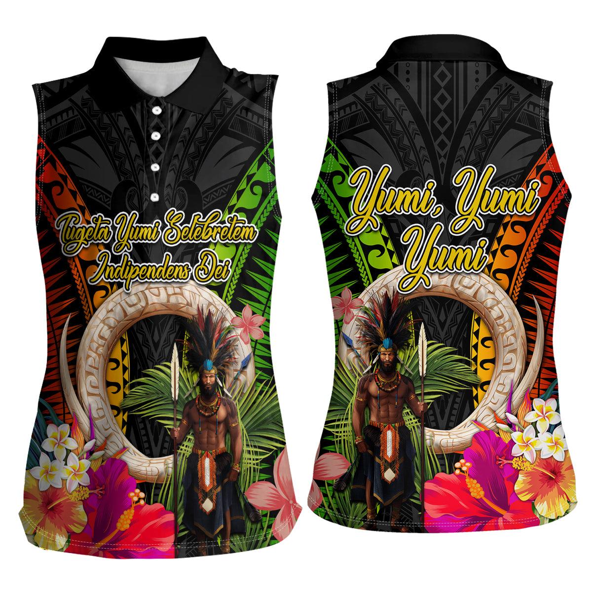 Vanuatu Independence Day Women Sleeveless Polo Shirt Boars Tusk and Melanesian Warrior Indipendens Dei