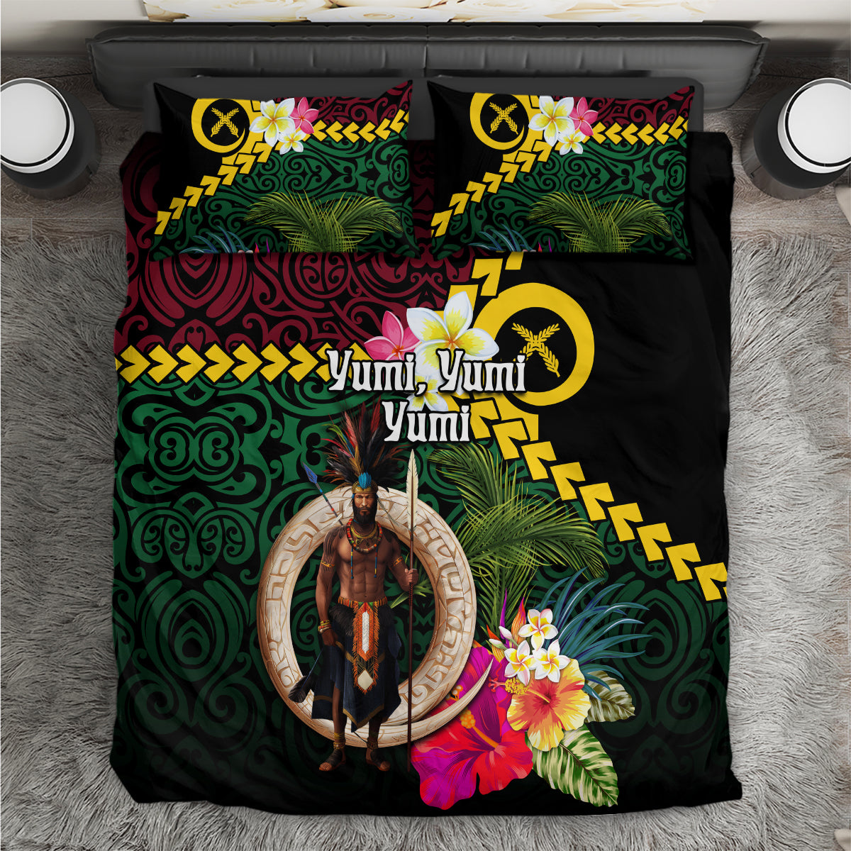 Vanuatu Indipendens Dei Bedding Set Boars Tusk and Melanesian Warrior Hibiscus