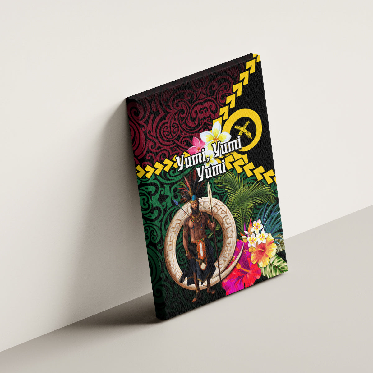 Vanuatu Indipendens Dei Canvas Wall Art Boars Tusk and Melanesian Warrior Hibiscus