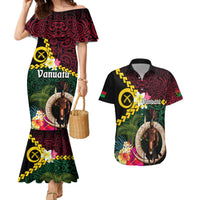 Vanuatu Indipendens Dei Couples Matching Mermaid Dress and Hawaiian Shirt Boars Tusk and Melanesian Warrior Hibiscus