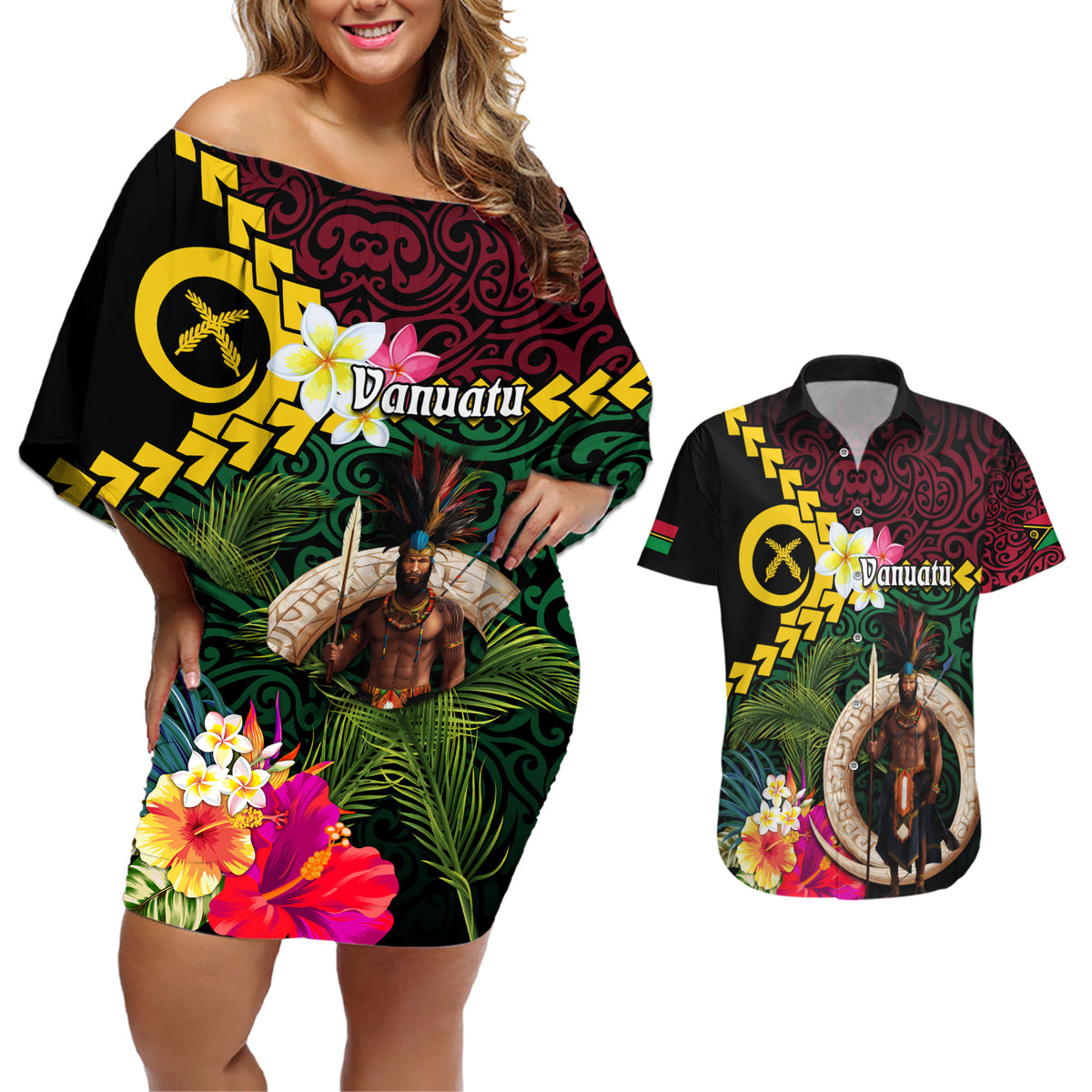 Vanuatu Indipendens Dei Couples Matching Off Shoulder Short Dress and Hawaiian Shirt Boars Tusk and Melanesian Warrior Hibiscus