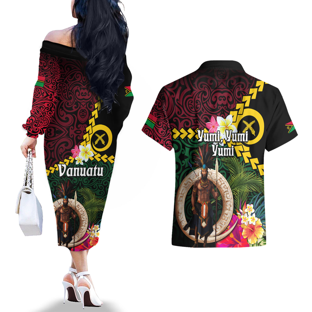 Vanuatu Indipendens Dei Couples Matching Off The Shoulder Long Sleeve Dress and Hawaiian Shirt Boars Tusk and Melanesian Warrior Hibiscus