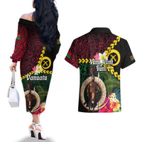 Vanuatu Indipendens Dei Couples Matching Off The Shoulder Long Sleeve Dress and Hawaiian Shirt Boars Tusk and Melanesian Warrior Hibiscus