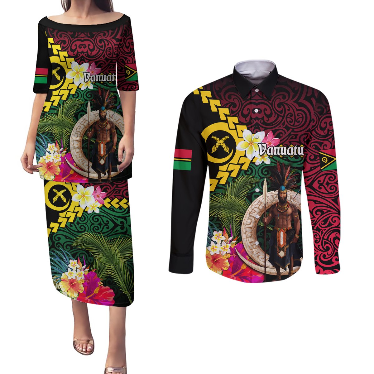 Vanuatu Indipendens Dei Couples Matching Puletasi and Long Sleeve Button Shirt Boars Tusk and Melanesian Warrior Hibiscus