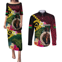 Vanuatu Indipendens Dei Couples Matching Puletasi and Long Sleeve Button Shirt Boars Tusk and Melanesian Warrior Hibiscus LT03 Black - Polynesian Pride