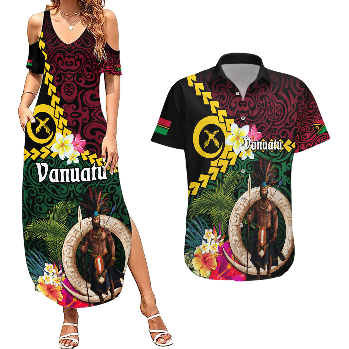 Vanuatu Indipendens Dei Couples Matching Summer Maxi Dress and Hawaiian Shirt Boars Tusk and Melanesian Warrior Hibiscus