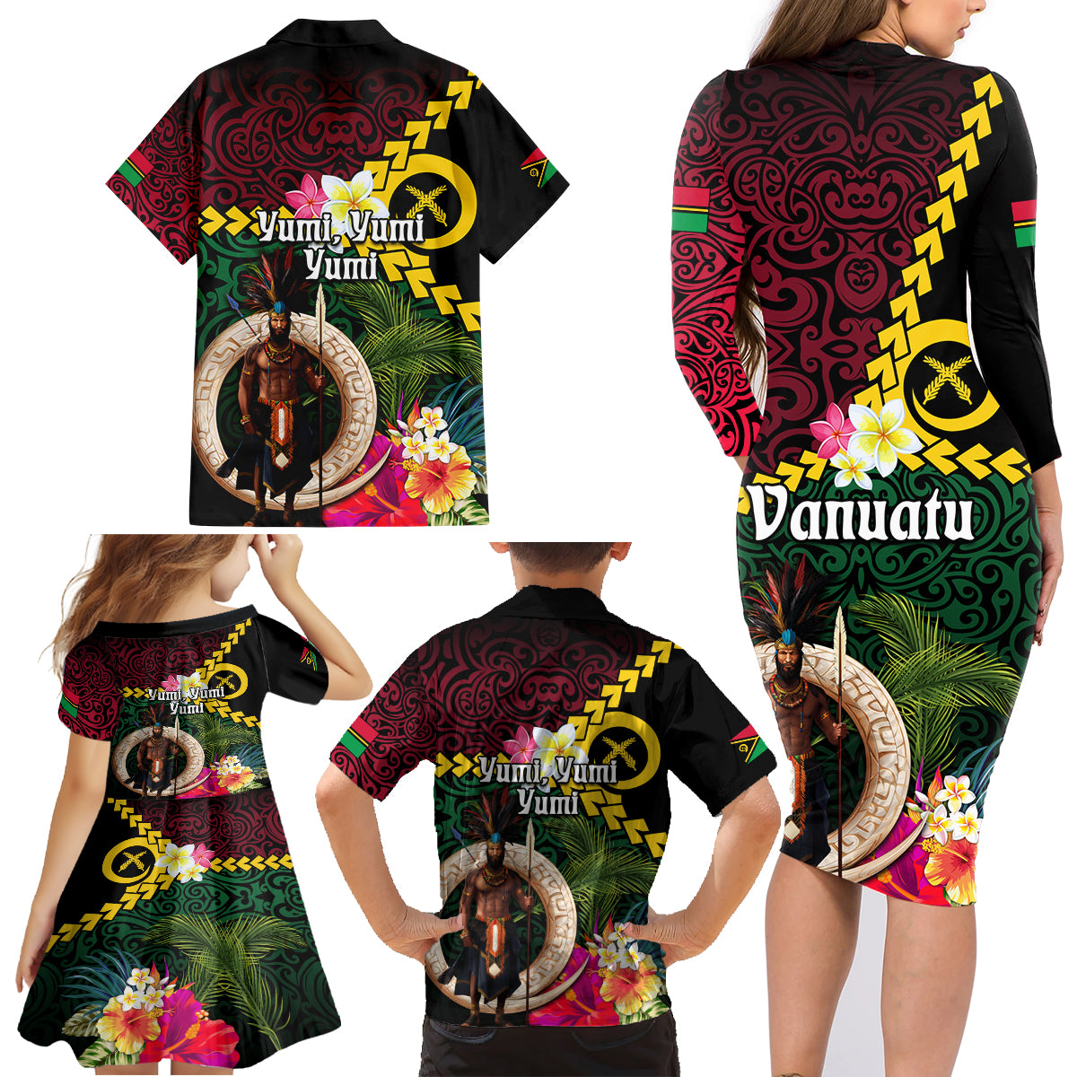 Vanuatu Indipendens Dei Family Matching Long Sleeve Bodycon Dress and Hawaiian Shirt Boars Tusk and Melanesian Warrior Hibiscus