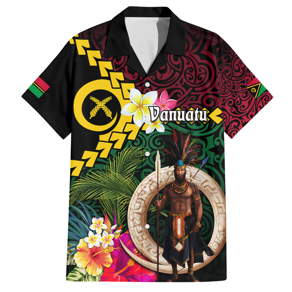 Vanuatu Indipendens Dei Family Matching Off The Shoulder Long Sleeve Dress and Hawaiian Shirt Boars Tusk and Melanesian Warrior Hibiscus