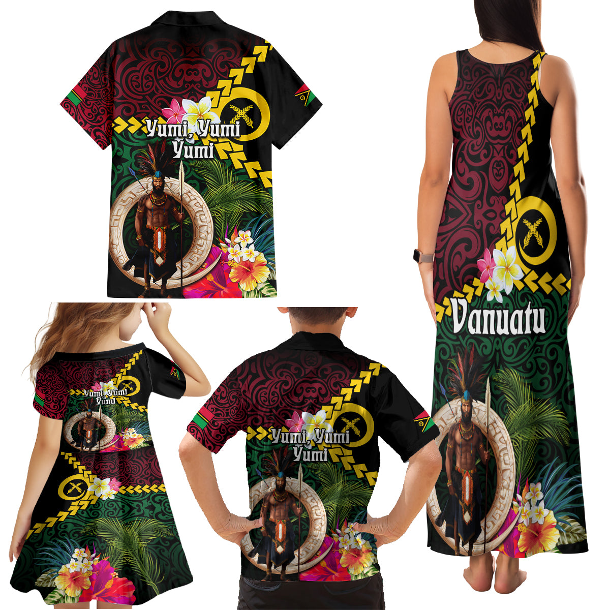 Vanuatu Indipendens Dei Family Matching Tank Maxi Dress and Hawaiian Shirt Boars Tusk and Melanesian Warrior Hibiscus