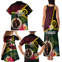 Vanuatu Indipendens Dei Family Matching Tank Maxi Dress and Hawaiian Shirt Boars Tusk and Melanesian Warrior Hibiscus
