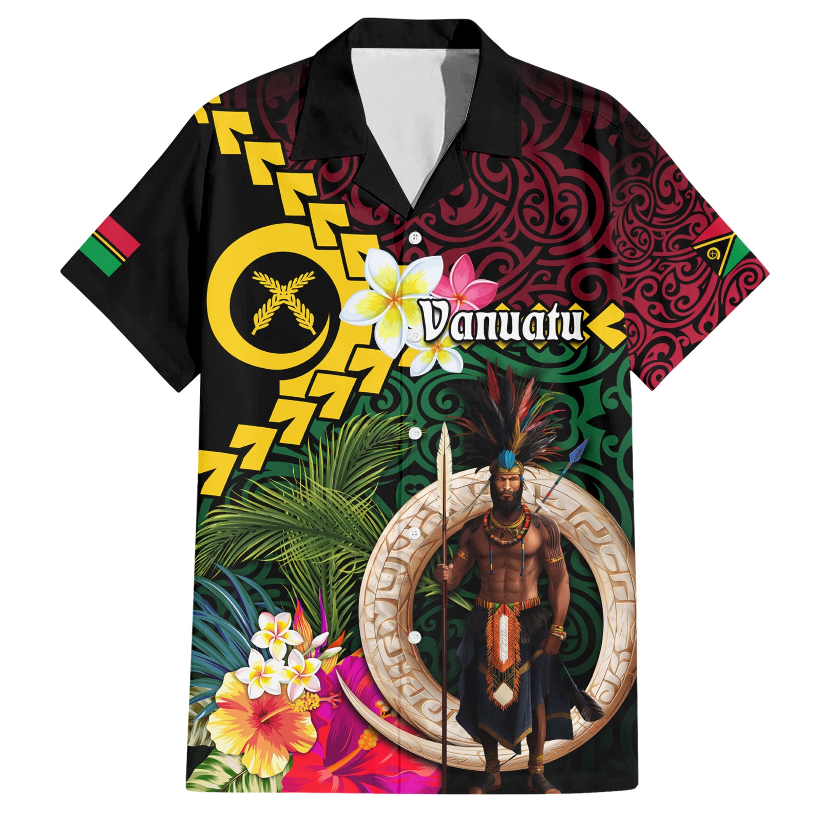 Vanuatu Indipendens Dei Hawaiian Shirt Boars Tusk and Melanesian Warrior Hibiscus