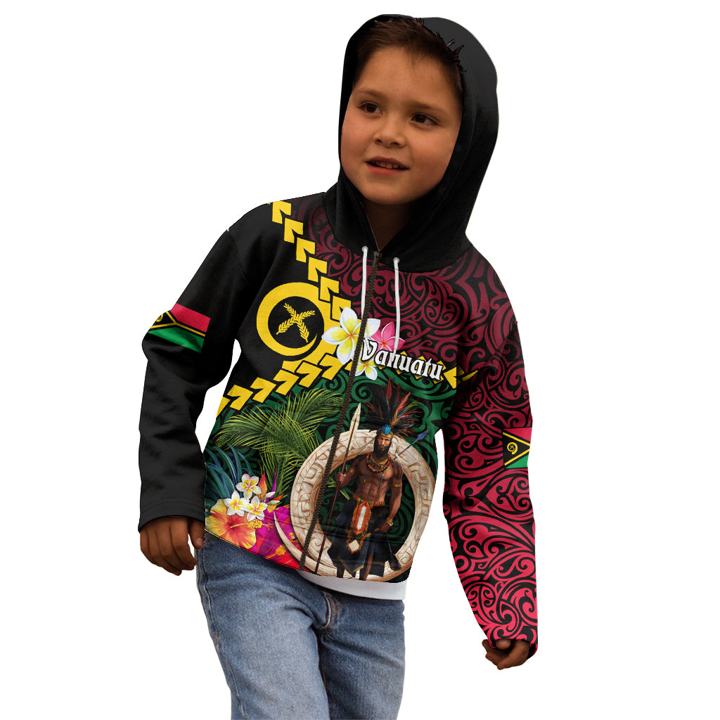 Vanuatu Indipendens Dei Kid Hoodie Boars Tusk and Melanesian Warrior Hibiscus