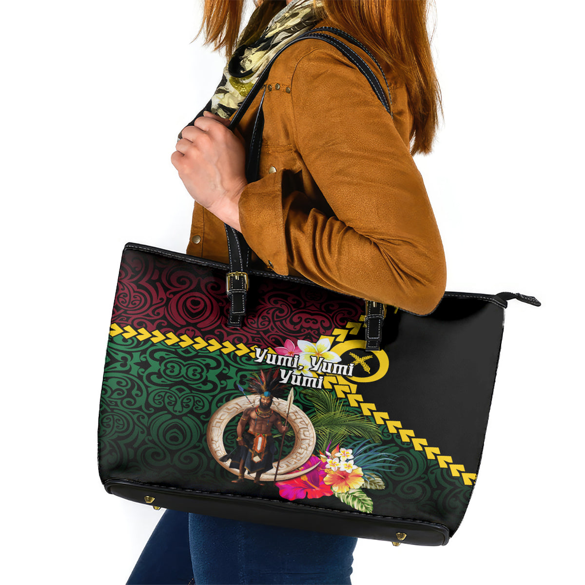 Vanuatu Indipendens Dei Leather Tote Bag Boars Tusk and Melanesian Warrior Hibiscus