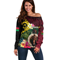 Vanuatu Indipendens Dei Off Shoulder Sweater Boars Tusk and Melanesian Warrior Hibiscus