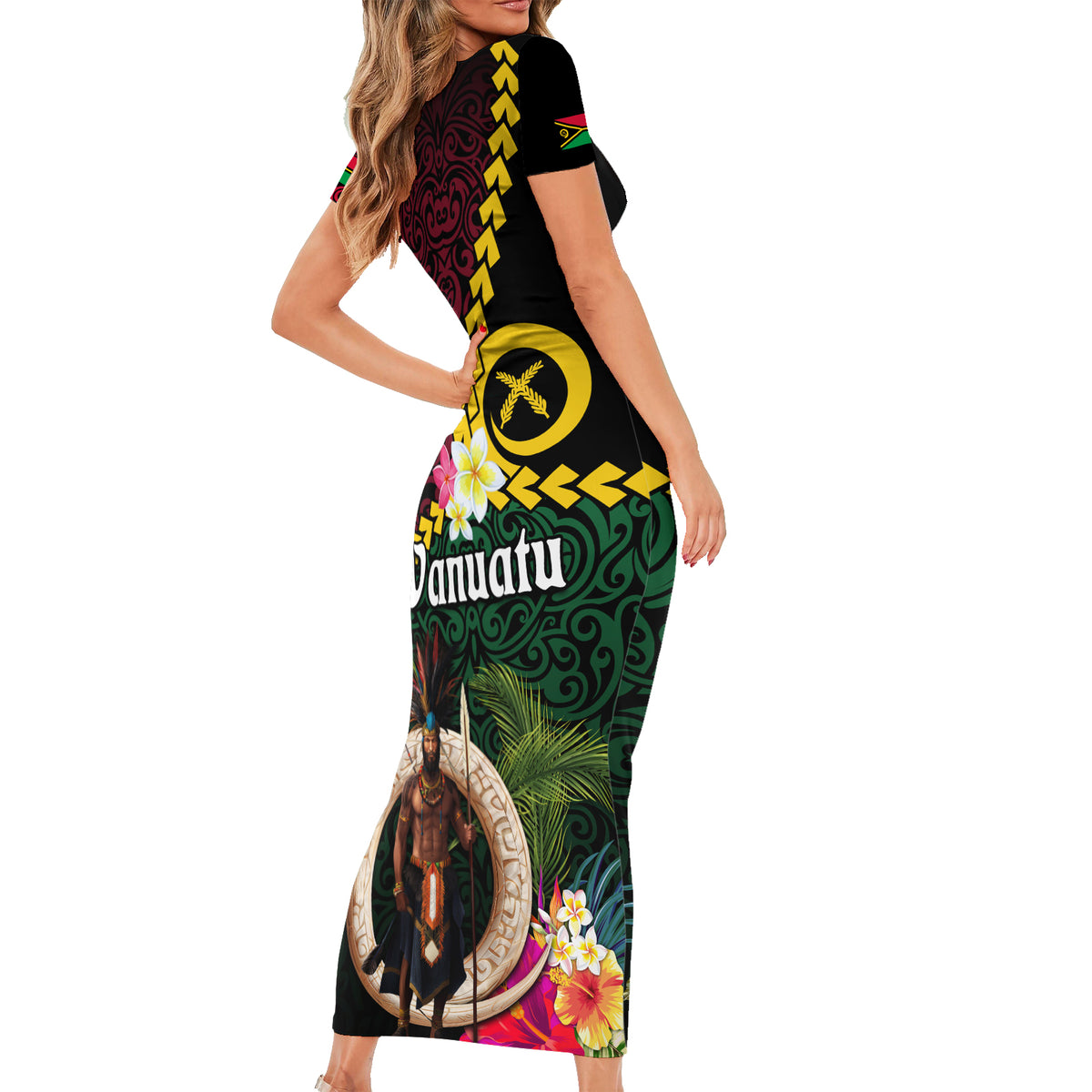 Vanuatu Indipendens Dei Short Sleeve Bodycon Dress Boars Tusk and Melanesian Warrior Hibiscus