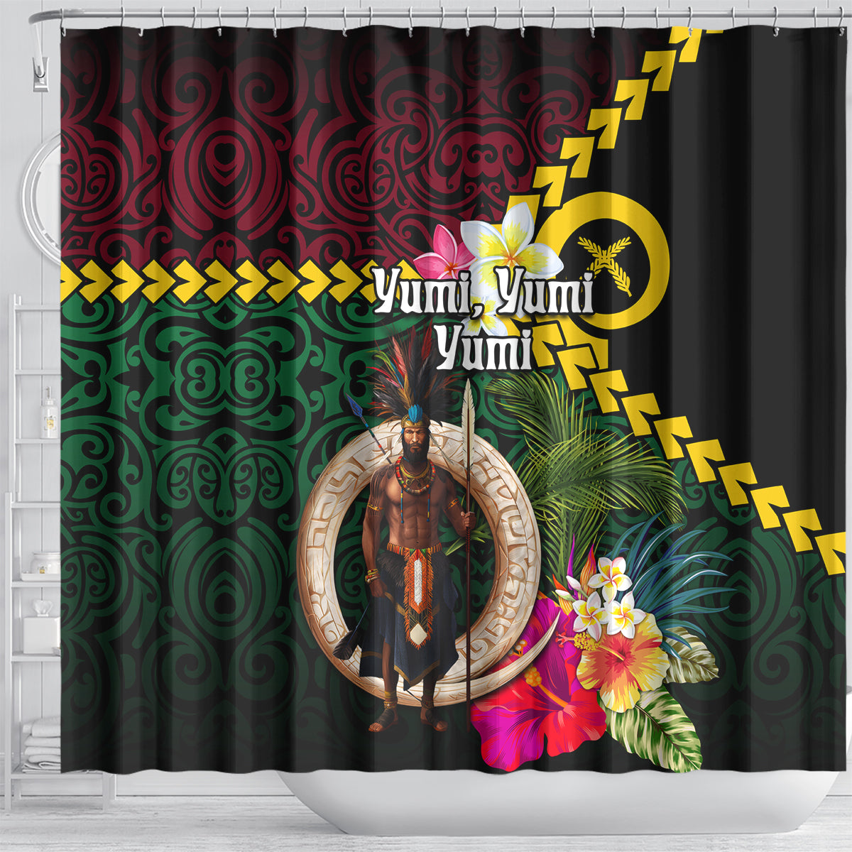 Vanuatu Indipendens Dei Shower Curtain Boars Tusk and Melanesian Warrior Hibiscus