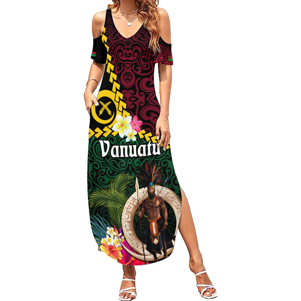 Vanuatu Indipendens Dei Summer Maxi Dress Boars Tusk and Melanesian Warrior Hibiscus