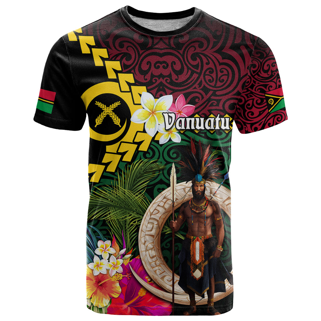 Vanuatu Indipendens Dei T Shirt Boars Tusk and Melanesian Warrior Hibiscus