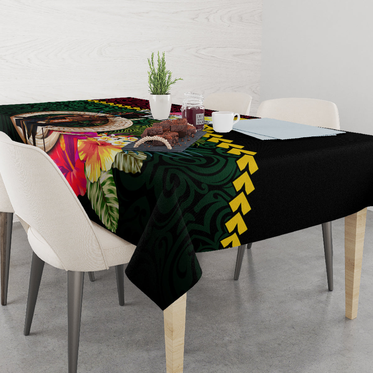 Vanuatu Indipendens Dei Tablecloth Boars Tusk and Melanesian Warrior Hibiscus