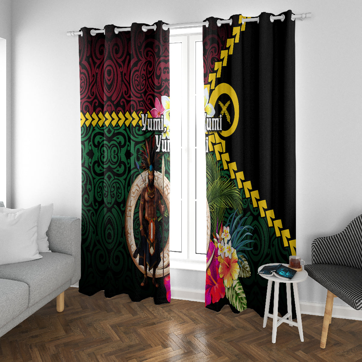 Vanuatu Indipendens Dei Window Curtain Boars Tusk and Melanesian Warrior Hibiscus