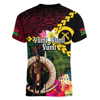 Vanuatu Indipendens Dei Women V-Neck T-Shirt Boars Tusk and Melanesian Warrior Hibiscus