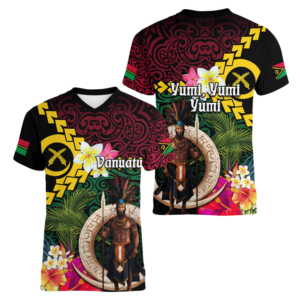 Vanuatu Indipendens Dei Women V-Neck T-Shirt Boars Tusk and Melanesian Warrior Hibiscus