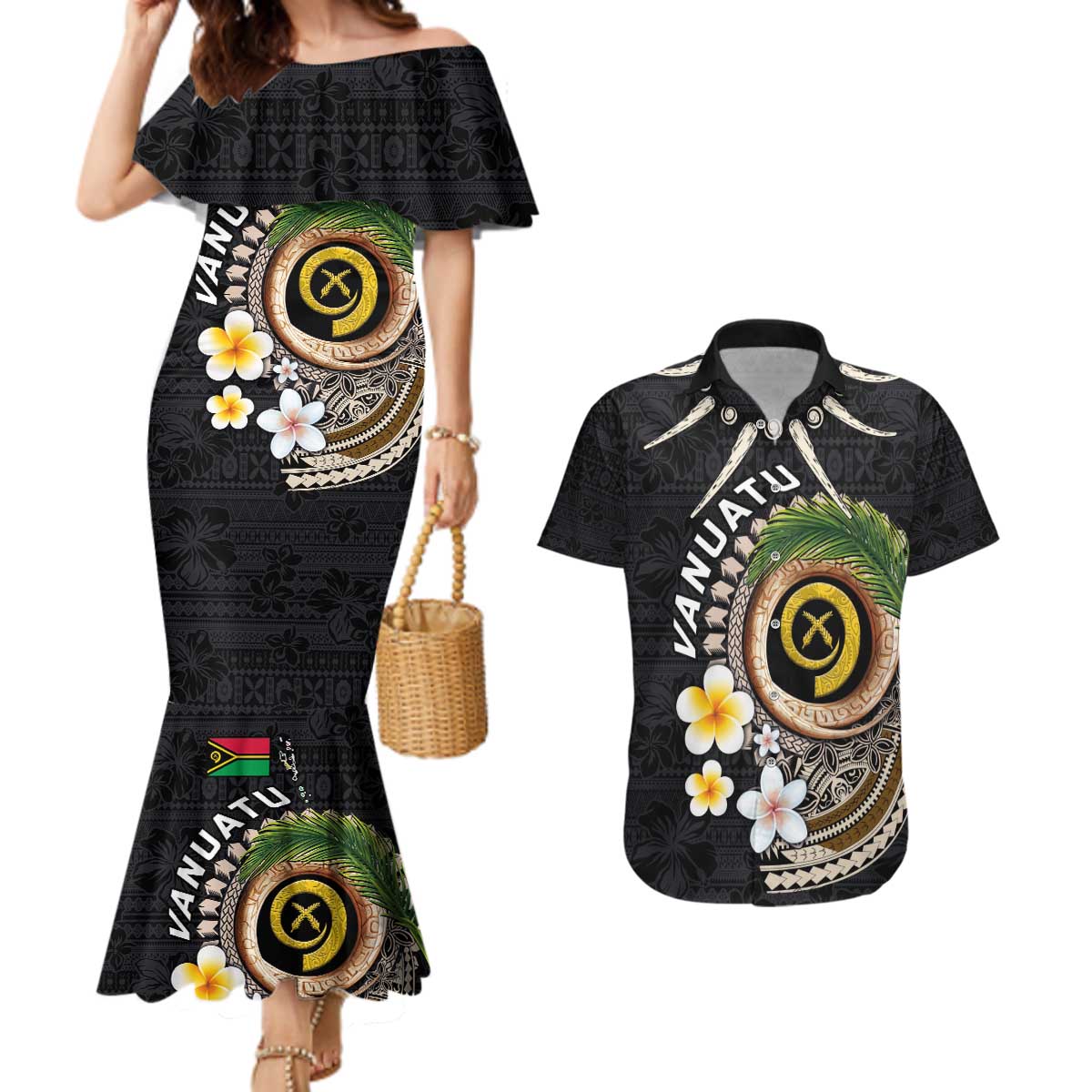 Vanuatu Independence Day Couples Matching Mermaid Dress and Hawaiian Shirt Melanesian Tribal Pig Tusk with Tropical Plants LT03 Black - Polynesian Pride